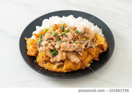 stir-fried pork with garlic and egg topped on rice 103863798