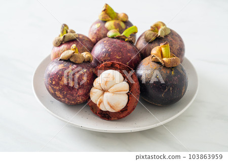 fresh mangosteen on white plate fresh mangosteen on white plate 103863959