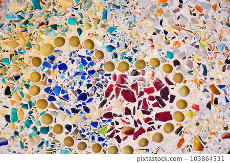 Colorful of tile-shard mosaic and stone decorating on the wall for background Colorful of tile-shard mosaic and stone decorating on the wall for background 103864531