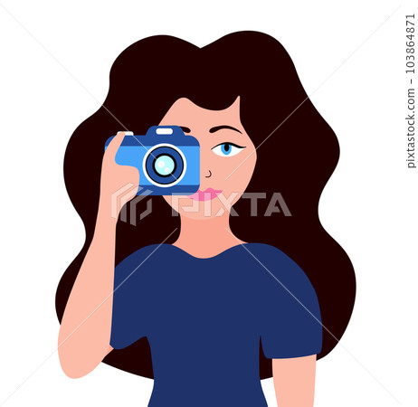 Girl photographer holds a camera and takes a picture. World photography day. Vector flat illustration. 103864871