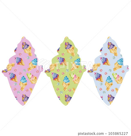 Ice-cream watercolor doodles figures filled with colorful seamless pattern.Pink, green and blue ice-cream in cone figures Ice-cream watercolor doodles figures filled with colorful seamless pattern.Pink, green and blue ice-cream in cone figures 103865227