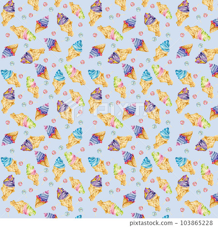 Ice-cream watercolor seamless pattern. Colorful summer fresh colorful dessert pattern on blue background 103865228