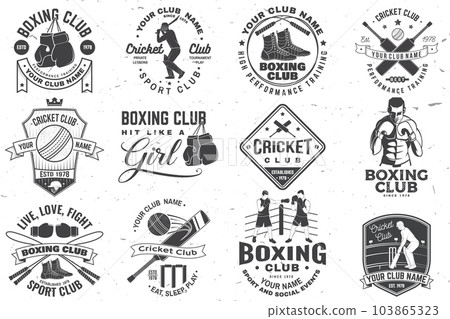 Set of cricket club badges. Vector. Concept for shirt, print, stamp or tee. Templates for cricket sports club. 103865323