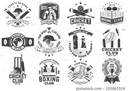 Set of cricket club badges. Vector. Concept for shirt, print, stamp or tee. Templates for cricket sports club. 103865324