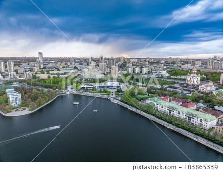 Embankment of the central pond and Plotinka. The historic center of the city of Yekaterinburg, Russia, Aerial View Embankment of the central pond and Plotinka. The historic center of the city of Yekaterinburg, Russia, Aerial View 103865339