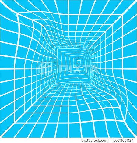 Distorted white square room wireframe on blue background. Hallway, studio, portal or box warped grid structure in perspective. Engineering, architecting or technical scheme 103865824