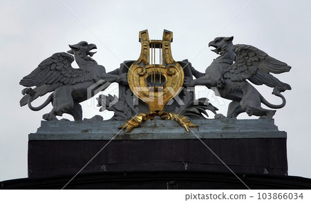 Kiev, Ukraine December 09, 2019: Architectural decorations of buildings in the city of Kiev 103866034
