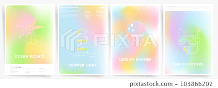 Summer colors blurred backgrounds with soft color gradient. Aesthetic graphic design with medusa, beacon, snorkeling and diving illustration. Vector illustration. 103866202