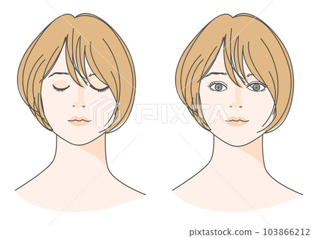 Faces of women with closed eyes and open eyes, front up illustration set, brown hair, bob, diagonal bangs Faces of women with closed eyes and open eyes, front up illustration set, brown hair, bob, diagonal bangs 103866212