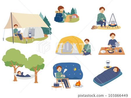 Illustration set of men enjoying solo camping 103866449