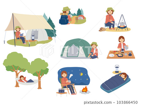 一個女人享受單人露營的插圖集 103866450