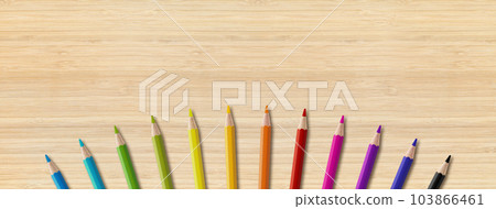 Colored pencil group isolated on wooden background. Panoramic banner background 103866461