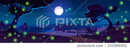 Night landscape with moon in sky and fireflies Night landscape with moon in sky and fireflies 103866892