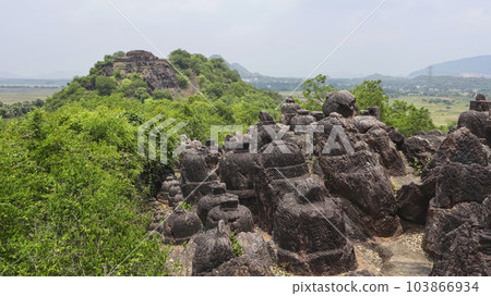 View of Ruin of ancient Group of Stupas at Lingala Konda Buddhist Cave, Sankaram, Anakapalle, Andhra Pradesh, India. 103866934