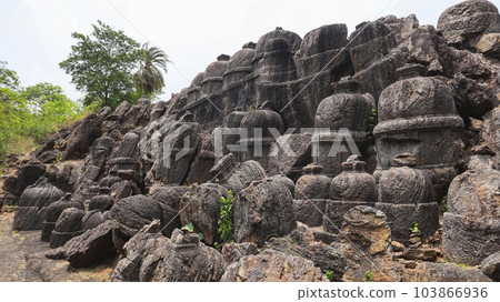 View of Ruin of ancient Group of Stupas at Lingala Konda Buddhist Cave, Sankaram, Anakapalle, Andhra Pradesh, India. View of Ruin of ancient Group of Stupas at Lingala Konda Buddhist Cave, Sankaram, Anakapalle, Andhra Pradesh, India. 103866936