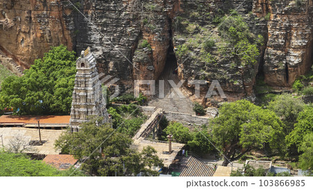 View of Yaganti Temple and Agastya cave from the View Point, Nandyal, Andhra Pradesh, India. 103866985