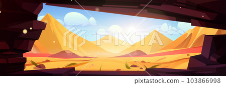 Sandy desert with ancient pyramids, view from cave 103866998