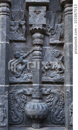 Ancient sculpture on the Temple of Chintala Venkatramana Swamy Temple, Tadipatri, Andhra Pradesh, India. Ancient sculpture on the Temple of Chintala Venkatramana Swamy Temple, Tadipatri, Andhra Pradesh, India. 103867013