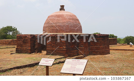 View of Maha Stupa at Thotlakonda Ancient Buddhist Monastery, Discovered in 1976, Visakhapatnam, Andhra Pradesh, India. 103867167