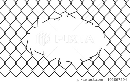 Broken wire mesh fence. Rabitz or chain link fence with cut hole. Torn wire pirson mesh texture. Cut metal lattice grid. Vector illustration isolated on white background 103867294