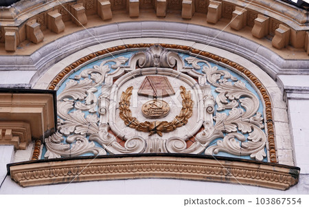 Kiev, Ukraine January 24, 2020: Architectural decorations of buildings in the complex of the exhibition of the achievement of the national economy in Kiev Kiev, Ukraine January 24, 2020: Architectural decorations of buildings in the complex of the exhibition of the achievement of the national economy in Kiev 103867554