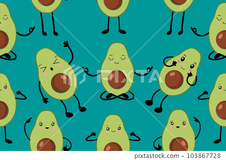 Seamless vector pattern of avocado in kawaii style. Fashionable children's pattern for interior decoration, poster, textiles. Simple vector illustration with vegetarian healthy food. Vector Seamless vector pattern of avocado in kawaii style. Fashionable children's pattern for interior decoration, poster, textiles. Simple vector illustration with vegetarian healthy food. Vector 103867728