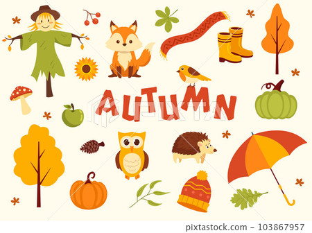 Autumn Vector Illustration Panoramic of Mountains and Maple Trees Fallen with Yellow Foliage in Flat Cartoon Hand Drawn Landing Page Templates 103867957