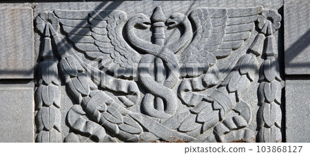 Kiev, Ukraine June 10, 2021: Facade of a building decorated with gypsum snakes in the center of Kiev Kiev, Ukraine June 10, 2021: Facade of a building decorated with gypsum snakes in the center of Kiev 103868127