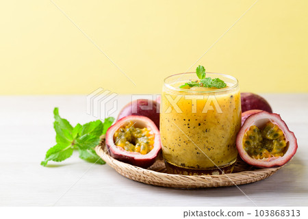 Fresh passion fruit smoothie drink in summer season Fresh passion fruit smoothie drink in summer season 103868313