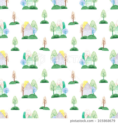 Hand drawn watercolor abstract trees and houses seamless pattern isolated on white background. Can be used for children textile, wrapping paper, fabric. Hand drawn watercolor abstract trees and houses seamless pattern isolated on white background. Can be used for children textile, wrapping paper, fabric. 103868679