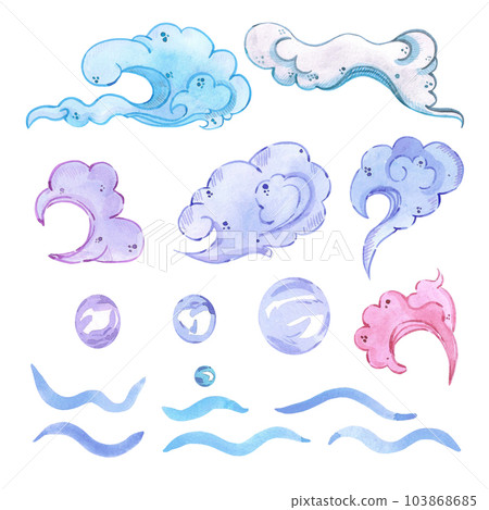 Hand drawn watercolor blue and purple oriental clouds isolated on white background. Can be used for patterns, cards, lebel. 103868685