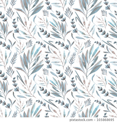 Hand drawn watercolor grey, blue and copper flowers and leaves seamless pattern. Isolated on white. Can be used for gift-wrapping, patterns, textile, fabric. Hand drawn watercolor grey, blue and copper flowers and leaves seamless pattern. Isolated on white. Can be used for gift-wrapping, patterns, textile, fabric. 103868695