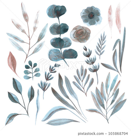 Hand drawn watercolor grey, blue and copper flowers and leaves. Isolated on white. Can be used for cards, patterns, invitations, label. 103868704