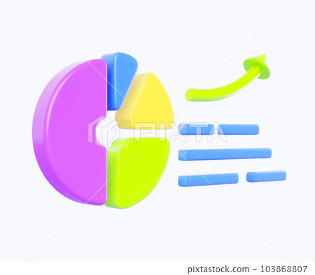 Pie diagram, isometric infographic chart with growth graph. Cartoon 3d render data analysis, statistic, financial information. Template for business presentation, report or web design. 3D illustration 103868807