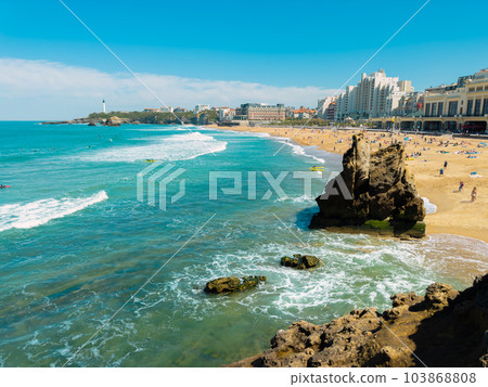 Scenic landscape of the beach and coastline of Biarritz, famous touristic destination in France. Scenic landscape of the beach and coastline of Biarritz, famous touristic destination in France. 103868808
