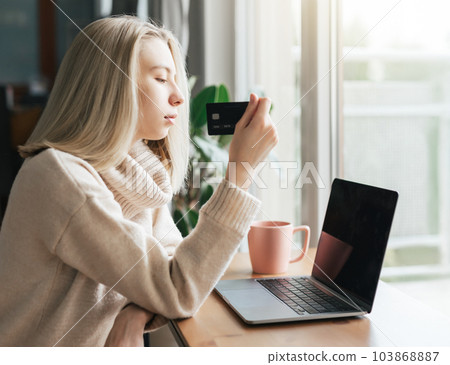 Young woman holding credit card and using laptop computer. Young woman holding credit card and using laptop computer. 103868887
