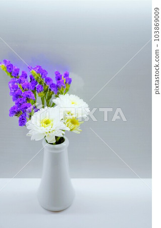 白色菊花和紫色靜態的祭壇花在一個白色陶瓷花瓶中,在明亮的白色背景中,垂直 白色菊花和紫色靜態的祭壇花在一個白色陶瓷花瓶中,在明亮的白色背景中,垂直 103869009