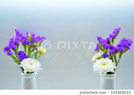 Close-up of two sets of altar flowers of white chrysanthemums and purple statice in ceramic vases against white background Close-up of two sets of altar flowers of white chrysanthemums and purple statice in ceramic vases against white background 103869010