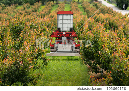 Autonomous robot sprayer works in a fruit garden. Autonomous robot sprayer works in a fruit garden. 103869158