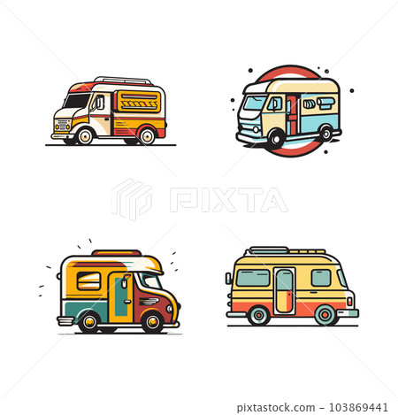 Hand Drawn vintage Food Truck logo in flat line art style Hand Drawn vintage Food Truck logo in flat line art style 103869441