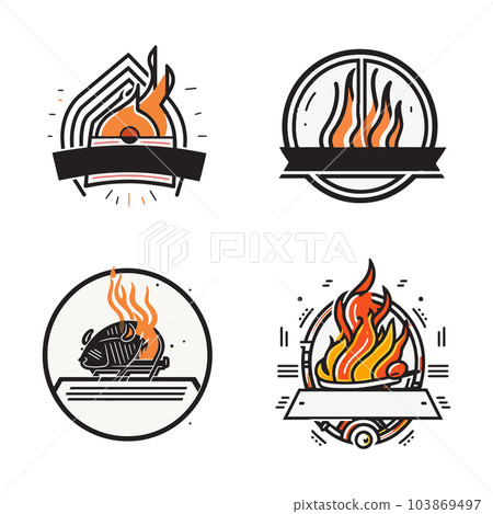 Hand Drawn vintage fire with barbecue logo in flat line art style Hand Drawn vintage fire with barbecue logo in flat line art style 103869497