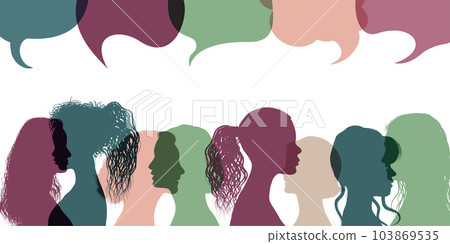 Silhouette group multiethnic women who talk and share ideas and information. Communication and friendship women or girls diverse cultures. Women social network community. Speech bubble 103869535