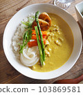 Pork curry topped with fried vegetables 103869581