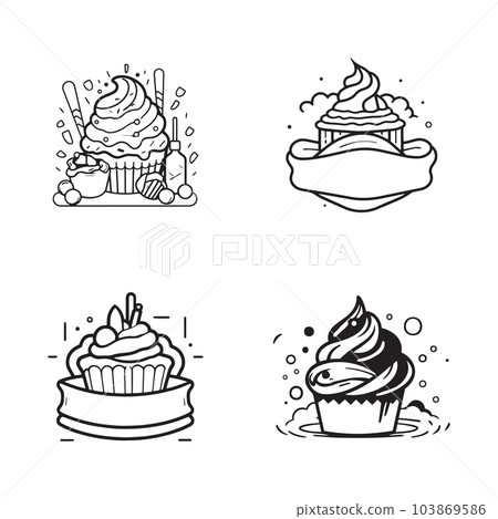Hand Drawn vintage sweets and cakes logo in flat line art style 103869586