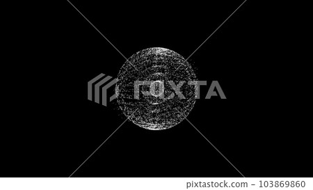 Rotating planet in the form of particles or molecules monochrome on black background. Cosmic phenomenon Rotating planet in the form of particles or molecules monochrome on black background. Cosmic phenomenon 103869860