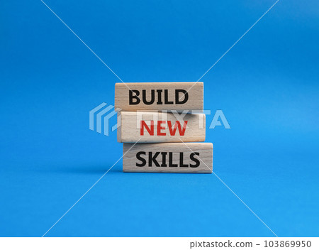 Build New skills symbol. Concept word Build New skills on wooden blocks. Beautiful white background. Business and Build New skills concept. Copy space Build New skills symbol. Concept word Build New skills on wooden blocks. Beautiful white background. Business and Build New skills concept. Copy space 103869950