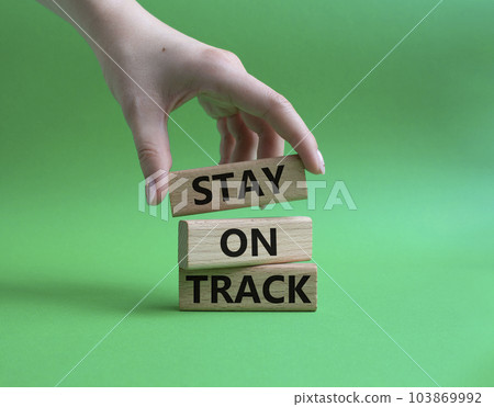 Stay on track symbol. Wooden blocks with words Stay on track. Beautiful green background. Businessman hand. Business and Stay on track concept. Copy space. 103869992