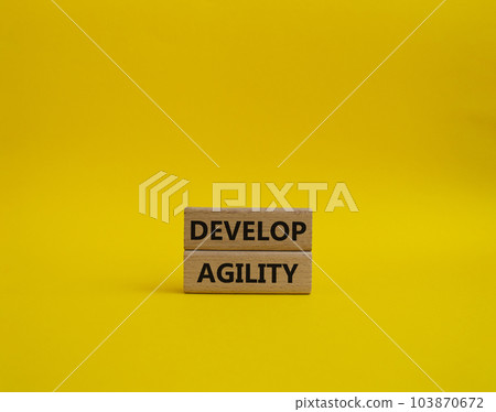 Develop agility symbol. Concept word Develop agility on wooden blocks. Beautiful yellow background. Business and Develop agility concept. Copy space 103870672