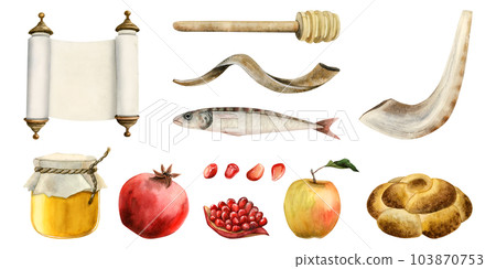 Watercolor Rosh Hashanah illustration set, Shana Tova collection for Jewish New year isolated on white background. Honey, Torah scroll, round challah, shofar, pomegranate fruits and fish 103870753