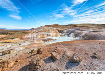 Breathtaking landscape of Acid hot lake with turquoise water in the geothermal valley Leirhnjukur. 103870804